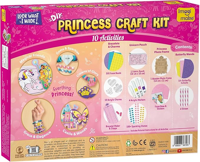 Imagimake Princess Craft Kit | 10 Mess-Free DIY Activities | Bracelet Making Kit, Unicorn Pouch, Butterfly Wands & Photo Frame | Girls Toy Age 6-8 | Christmas Gifts Girls Ages 5,6,7,8,9,10,11,12 Years