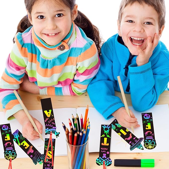 WATINC 60pcs Fiesta Scratch Bookmarks for Kids, Mexican Scratch Off Cards Art Craft Kit, Cinco De Mayo Magic Color DIY Drawing Paper, Mexico Classroom School Home Party Favors Hanging Decor