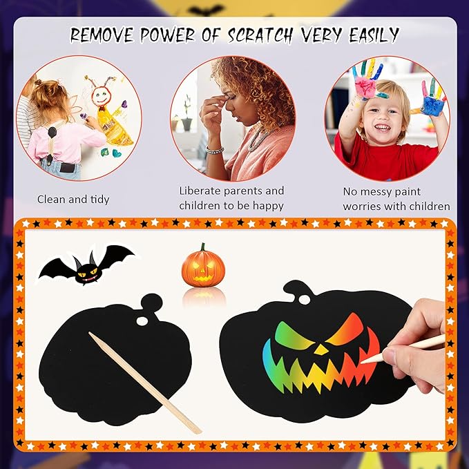 JULMELON 36 Pieces Halloween Scratch Paper Crafts Kit Bulk of Halloween Pumpkins Magic Rainbow Scratch Art for Kids DIY Party Ornaments Halloween Decor with 12 Wooden Sticks and 36 Colorful Ribbons