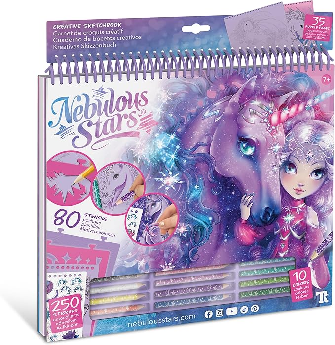 Nebulous Stars Fantasy Horses Sketchbook for Kids - 35 Large Stenciled Purple Pages - Comes with 80 Stencils