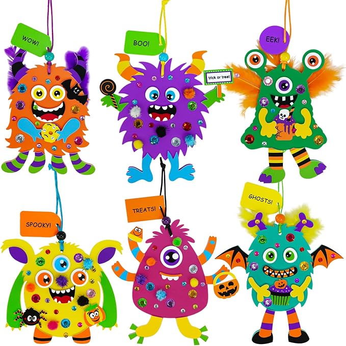 Winlyn 24 Sets Halloween Crafts for Kids Individual Halloween Craft Kits Fall Crafts DIY Monster Ornaments Foam Monster Crafts Halloween Arts and Crafts for Kids Classroom Art Activities Party Favors