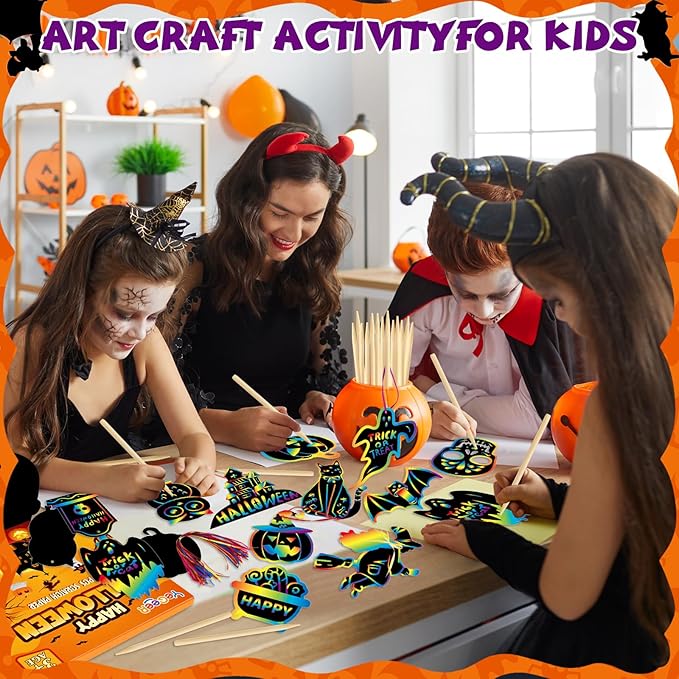 YEGEER 96PCS Halloween Craft Kit for Kids, Magic Scratch Off Paper Hanging Ornaments Set with 48pcs Wooden Stylus, 96pcs Cords for Halloween Games, Party Favors, Art Craft Supplies