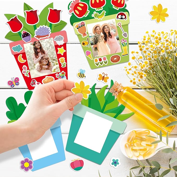 WATINC 96Pcs DIY Mother's Day Craft Kits for Kids, Make Your Own Spring Picture Frames with Stickers Flowers Paper, Spring Seasonal Gifts Craft Decor, Classroom Activities Supplies for Boys and Girls