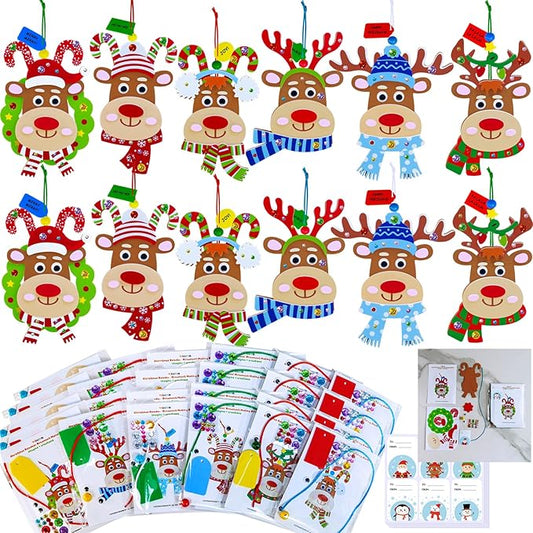Winlyn 24 Sets Christmas Craft Kits Winter Crafts DIY Xmas Reindeer Head Ornaments Decorations Festive Foam Stickers Christmas Arts and Crafts for Kids Holiday Home Classroom Activities Party Favors