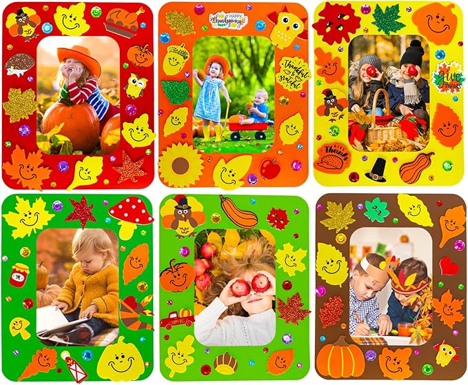 Winlyn 24 Sets Thanksgiving Craft Kits Fall Crafts DIY Autumn Harvest Picture Frame Decorations Festive Foam Stickers Fall Arts and Crafts for Kids Holiday Home Classroom Art Activities Party Favors
