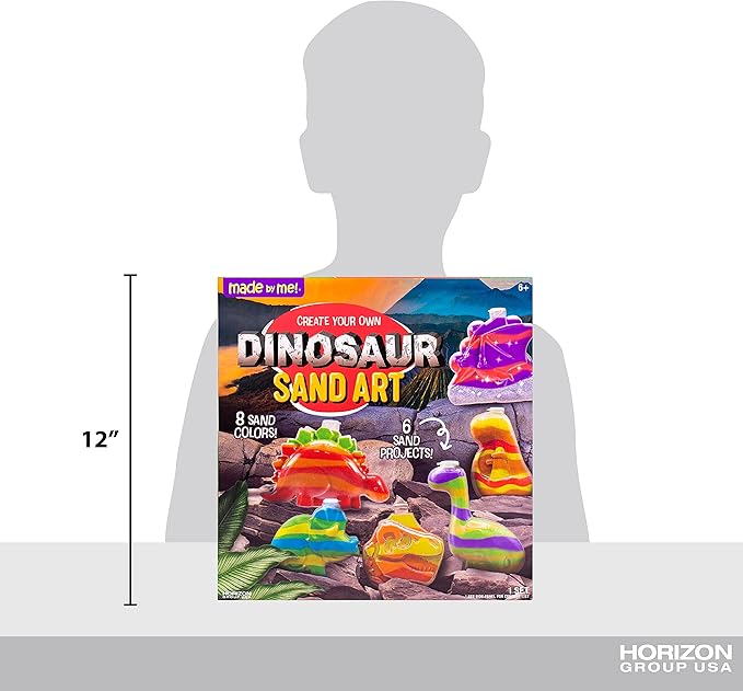Made By Me Create Your Own Dinosaur Sand Art by Horizon Group USA, Includes 6 Dino-Themed Bottles with Caps, 8 Sand Colors, Glitter, Funnel & More, Multi