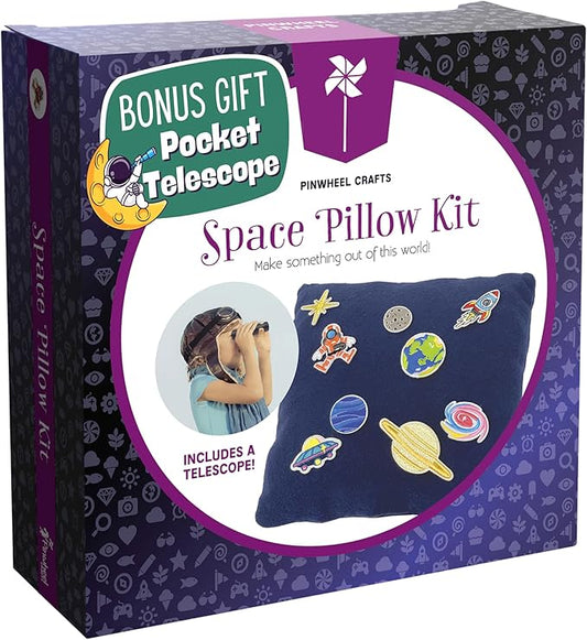 Pinwheel Crafts Beginner Sewing Kit for Kids 8-12 with Telescope - Astronomy Solar System Easy Sew Space Pillow Kit with Planet Patches - Make Your Own Plush Craft
