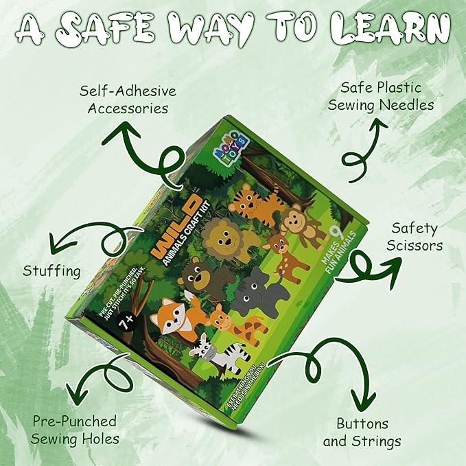 MOMOTOYS Kids Sewing Kit for Kids, Fun & Educational Wild Animals Sew Craft Set for Boys and Girls Ages 8-12, Complete Beginner Sewing Kit with Felt Plushie for Creative DIY Projects