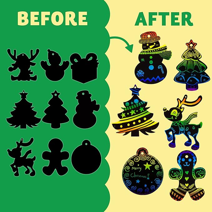 JOYIN 120 Pcs Christmas Scratch Art Ornaments, Rainbow Color Scratch Paper Craft Kit, Christmas Hanging Ornament, Scratch Off DIY Arts & Crafts Kit for Kids, Holiday Crafts Party Favor