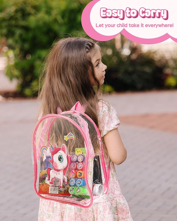 D-FantiX Unicorn Art Supplies Clear Backpack for Toddler, 51Pcs DIY Coloring Craft Kits with Scratch Art Paper and Stickers, Road Trip Activities for Kids, Creative Birthday Gift for Girls