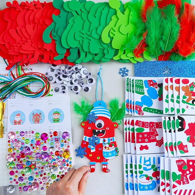 Winlyn 24 Sets Christmas Craft Kits Winter Crafts DIY Monster Ornaments Decorations Art Sets Foam Monster Christmas Stickers Googly Eyes Feathers for Kids Holiday Home Classroom Activities Party Favor