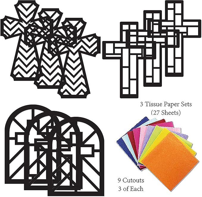 VHALE Suncatchers Craft 3 Sets (9 Cutouts) w Tissue Papers Stained Glass Effect Paper Sun Catcher Kit, Window Art, Classroom Crafts, Creative Art Projects, Kids Party Favors (Cross)