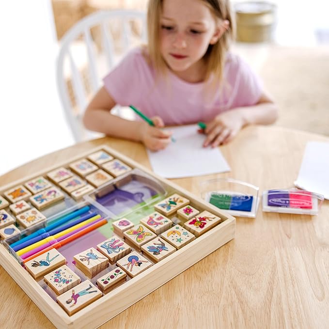 Melissa & Doug Deluxe Wooden Stamp and Coloring Set – Fairy Tale (30 Stamps, 6 Markers, 2 Durable 2-Color Pads) - Fairy Tale-Themed Stamps For Kids Activity Set