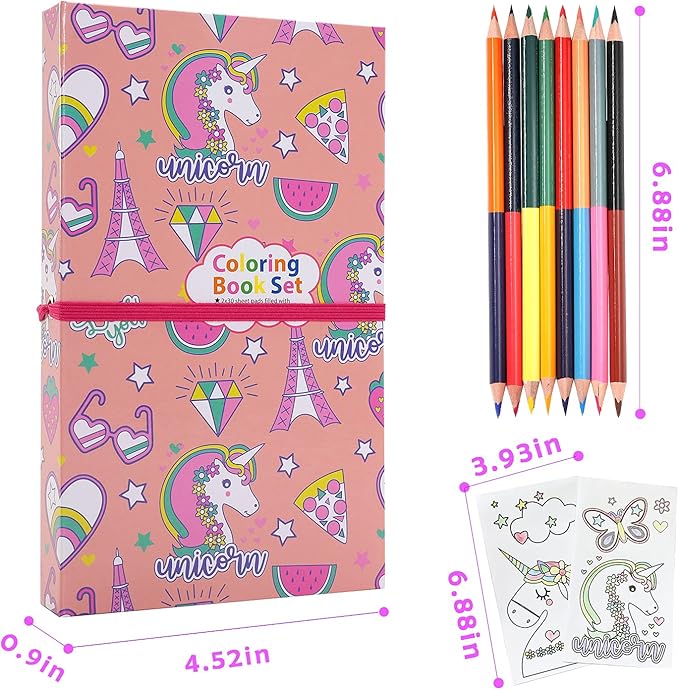 Unicorn Coloring Book Set with Coloring Pages & Colored Pencils, Art Supplies for Kids Ages 4-6-8, Arts Crafts Travel Coloring Kit for Girls 4 5 6 7 8 Year Old Birthday Gift