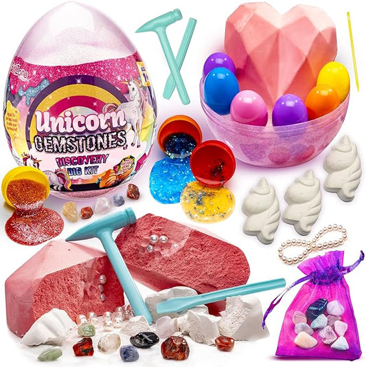 GirlZone Unicorn Gemstones Discovery Dig Kit, 13 Gemstone Dig with Slime and Precious Gems, Gift-Ready DIY Bracelet Kit, STEM Craft for Kids Age 12-14, Perfect for Valentine Gifts