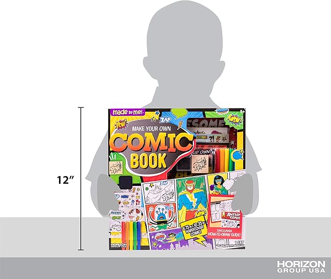 Made By Me Make Your Own Comic Book Storytelling Kit for Kids, 15-Page, Hardcover, How-to Draw Instructional Guide, Comic Inspired Stickers & Stamp, Holographic Stickers, 5 Vibrant Markers