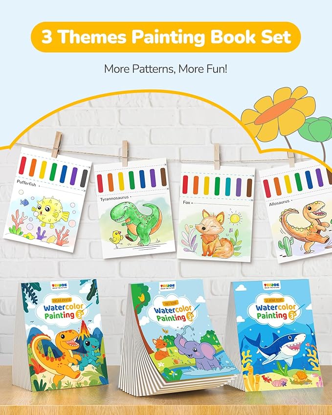 TECJOE 3 Pack Paint with Water Coloring Books for Toddlers, Watercolor Paint Set with 6 Brushes, Painting Activity for Kids Ages 4 5 6 7 8, Christmas Gift Arts & Crafts Toy, Dinosaurs, Forest & Sea