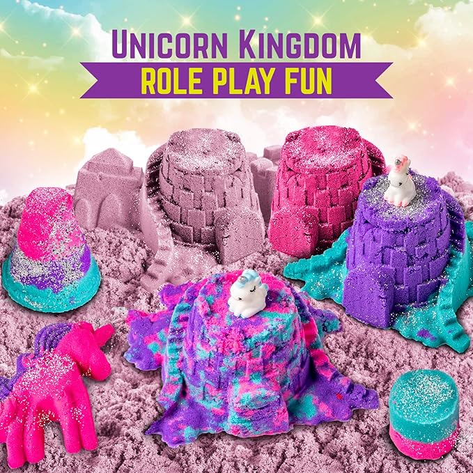 GirlZone Unicorn Sensory Bin Kingdom Sand Art Kit, 2lbs Moldable Colored Sand, 7 Tools for Kids, Rainbow Sand, Imaginative Playtime, Sensory Fun, Ideal Birthday & Holiday Gifts for Girls on Easter