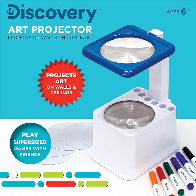 Discovery Kids Art Projector with Six Dry Erase Markers and 10 Reusable Drawing Discs, Draw on Reusable Transparent Sheets, Magnify and Project Art onto Ceilings, Walls, and More