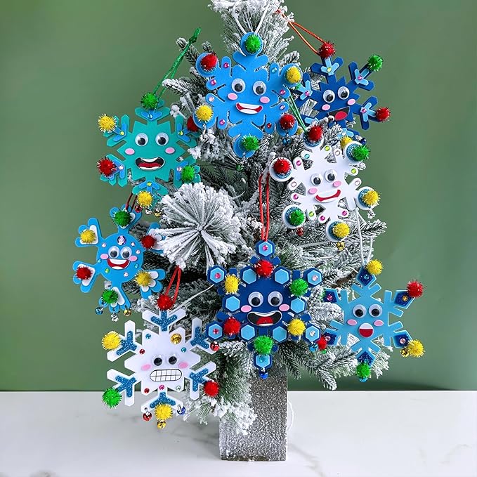 Winlyn 24 Sets Christmas Craft Kits Winter Crafts DIY Snowflake Ornaments Decorations Art Sets Foam Snowflakes Smile Stickers Jingel Bells for Kids Holiday Home Classroom Activities Party Favors