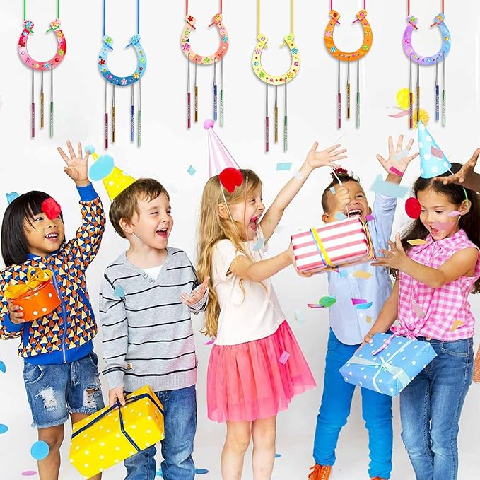 Fennoral 16 Pack Wind Chime Kit for Kids Make Your Own Horseshoe Wind Chime Wooden Arts and Crafts for Girls Boys Ornaments DIY Coloring Horseshoes Craft for Art Activity Birthday Supplies