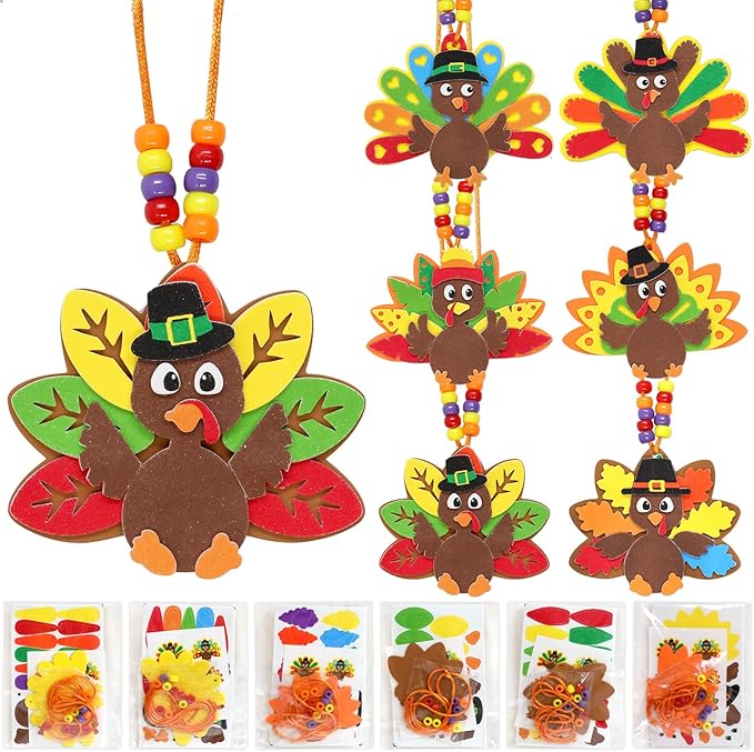 WorldBazaar Turkey Craft Kits For Kids 12 Pack Thanksgiving Turkey Necklace Crafts Bulk DIY Turkey kits Thanksgiving Party Activities Game