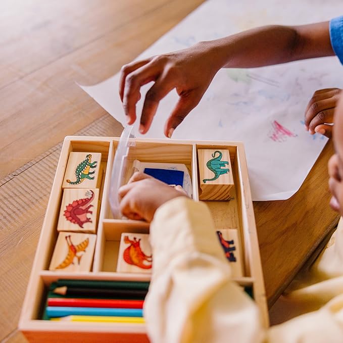 Melissa & Doug Wooden Stamp Set: Dinosaurs - 8 Stamps, 5 Colored Pencils, 2-Color Stamp Pad Kids Arts And Crafts, Washable Ink Pads For Kids, Dinosaur Stamps For Ages 4+ - FSC-Certified