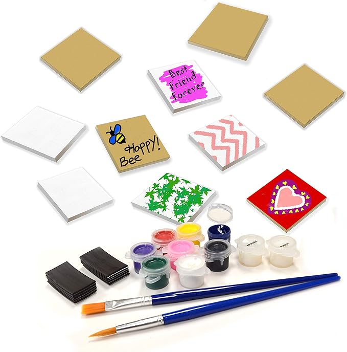 VHALE Paint Your Own Magnetic Fiberboard Tile Art, 10 Sets of MDF Tiles (2.5 x 2.5 inch) with Non Scratch Magnets, Fridge and School Locker Decor, Classroom Arts and Crafts, Party Favor for Kids