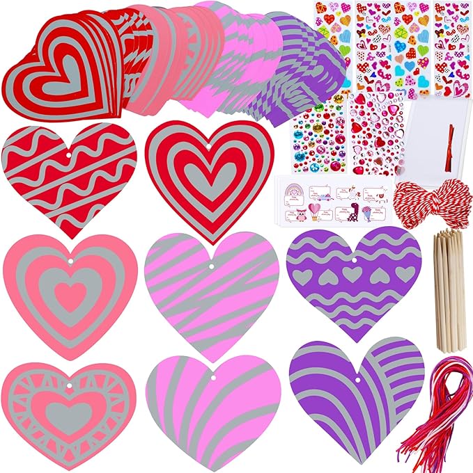 Winlyn 32 Sets Colorful Magic Color Scratch Valentine Hearts Ornaments Decorations Valentine Scratch Art Hearts Valentine's Day Craft Kits for Kids Classroom Activities Party Favors Gift Exchange