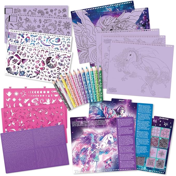 Nebulous Stars Fantasy Horses Sketchbook for Kids - 35 Large Stenciled Purple Pages - Comes with 80 Stencils