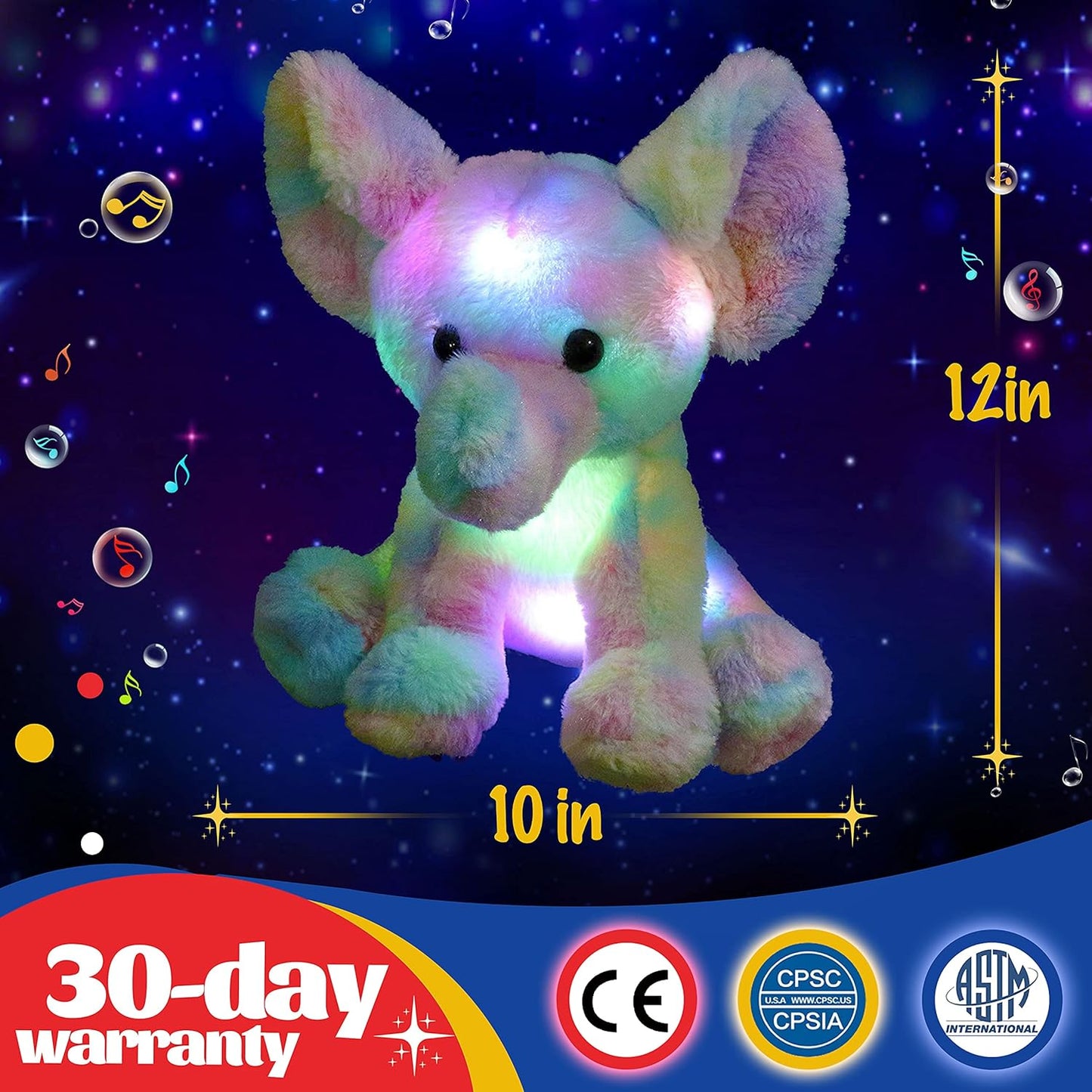 Glow Guards 12'' Musical Light up Rainbow Elephant Stuffed Animal,LED Singing Soft Wildlife Animal Plush Toy with Night Lights&Lullaby,Birthday Children's Day Hoilday Gift for Toddler Kids