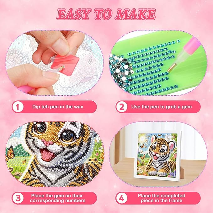 Tiger Diamond Art Painting Kits with Frame- Animal Gem Painting Kit with Frame, Cute Diamond Painting for Wall Decoration 7X7 Inch