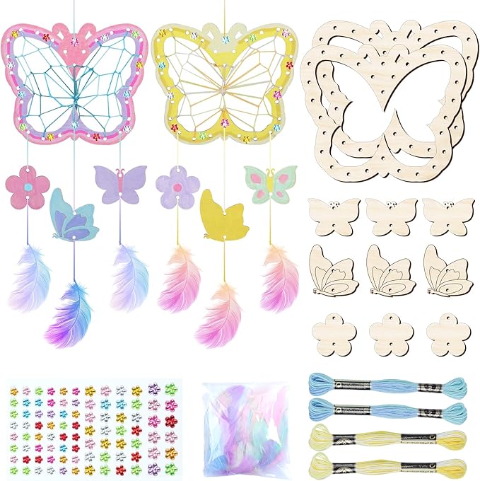 TREACLUB 8Pack Butterfly Dream Catcher Craft Kit for Kids, Unfinished Wooden Butterflies Wood for Painting, Butterfly Shaped Dream Catcher Craft for Home Classroom Brithday Spring Summer Art Activity