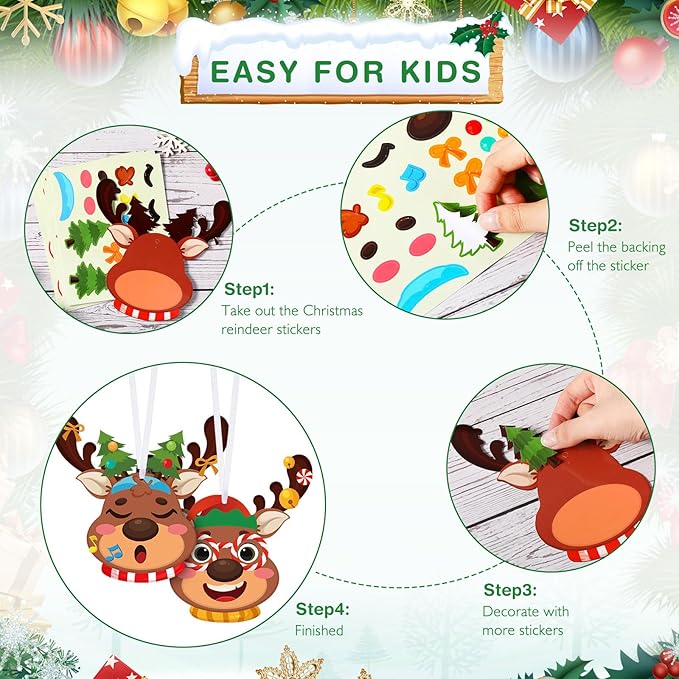 Pasimy 48 Pcs Christmas Crafts Kits for Kids Christmas Reindeer Ornament Crafts DIY Reindeer Ornament Kit Make Your Own Reindeer Craft Stickers for Holiday Xmas Classroom Party Favors