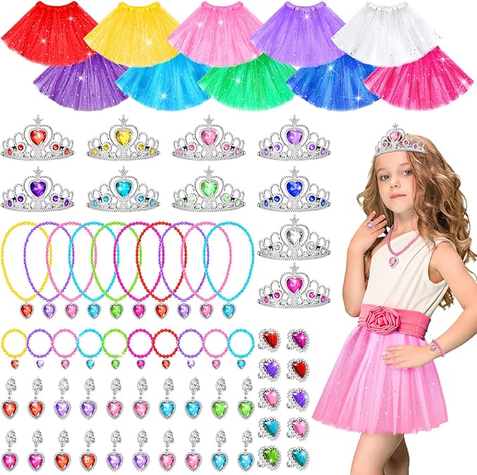 70 Pcs Princess Tutu Crown Dress up Accessories Princess Jewelry Pretend Play Set Tutu Skirts Crowns Adjustable Jewel Necklaces Rings Earrings Bracelets for Girls Christmas Birthday Party Favors