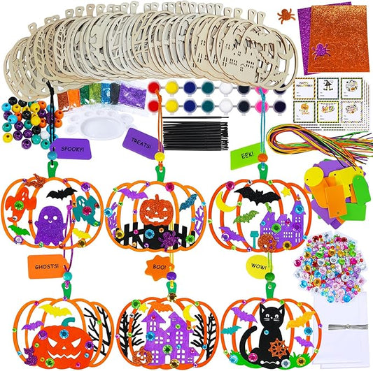 Winlyn 24 Sets Halloween Pumpkin Craft Kits DIY Wooden Pumpkin Ornaments Craft Kits Unfinished Paintable Wood Pumpkin Halloween Crafts for Kids Classroom Activities Art Project Halloween Decorations