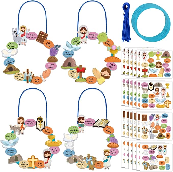 Crtiin 24 Pcs Religious Easter Wreath Craft Kit Christian Easter Crafts for Kids Make Your Own Religious Easter Craft for Kids Easter Home Activities Sunday School Supplies Basket Stuffers Gifts