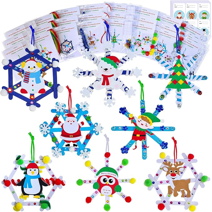 Winlyn 24 Sets Christmas Craft Kits Winter Crafts Popsicle Stick Snowflake Ornaments Decorations Art Sets Craft Stick Snowflake Christmas Stickers for Kids Holiday Classroom Activities Party Favors