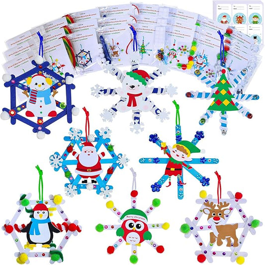 Winlyn 24 Sets Christmas Craft Kits Winter Crafts Popsicle Stick Snowflake Ornaments Decorations Art Sets Craft Stick Snowflake Christmas Stickers for Kids Holiday Classroom Activities Party Favors