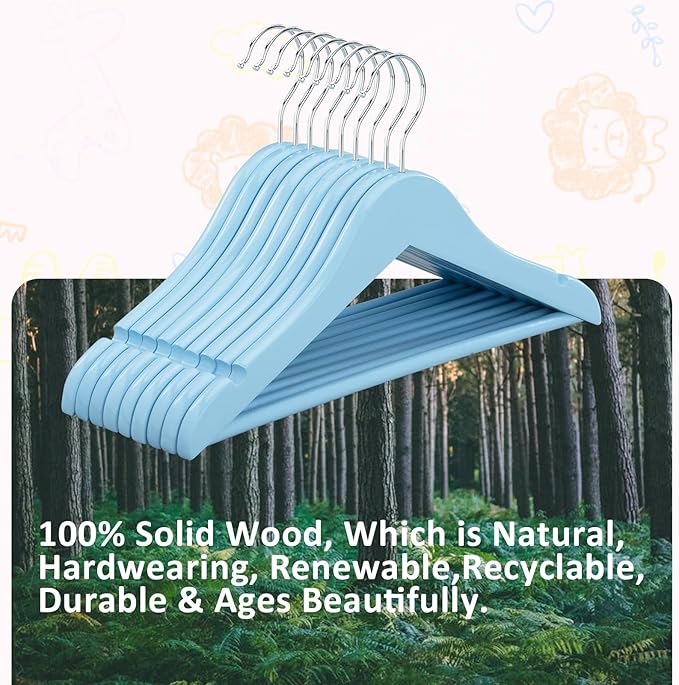 FairyHaus Kids Wooden Hangers 20Pack Blue, 12.8 Inch Baby Wooden Hangers for Closet, Anti-Rust 360° Swivel Hook, Notches & Smooth Finish, Natural Solid Wood Childrens Hangers for Clothes