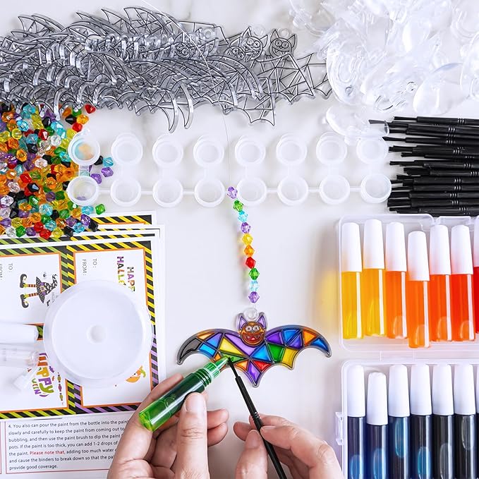 Winlyn 27 Sets Halloween Bat Suncatchers Ornaments Decorations DIY Window Paint Art Suncatchers Halloween Craft Kits Suncatchers Painting Kits for Kids Fall Halloween Classroom Activities Art Projects