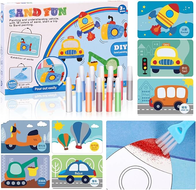 Colorful Sand Art Kit Crafts for Kids Ages 4-8- 12 Colored Sands, 16 Vehicles Sand Art Pictures - DIY Crafts Set for Girls and Boys，Arts and Crafts for Kids Ages 8-12