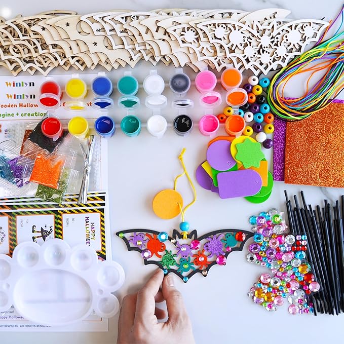 Winlyn 24 Sets Halloween Crafts Fall Crafts DIY Wooden Bat Ornaments Craft Kits Unfinished Paintable Wood Bats for Kids Home Classroom Activities Art Project Halloween Decorations Party Favors