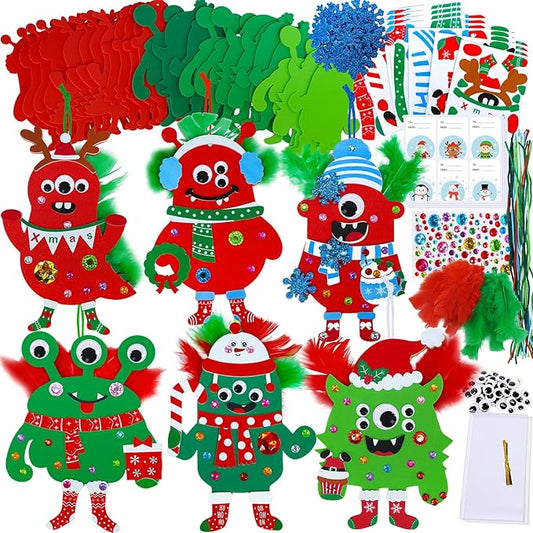 Winlyn 24 Sets Christmas Craft Kits Winter Crafts DIY Monster Ornaments Decorations Art Sets Foam Monster Christmas Stickers Googly Eyes Feathers for Kids Holiday Home Classroom Activities Party Favor
