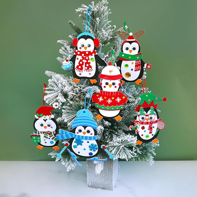 Winlyn 24 Sets Christmas Craft Kits Winter Crafts DIY Christmas Penguin Ornaments Decorations Art Sets Foam Penguin Christmas Stickers for Kids Holiday Festive Home Classroom Activities Party Favors