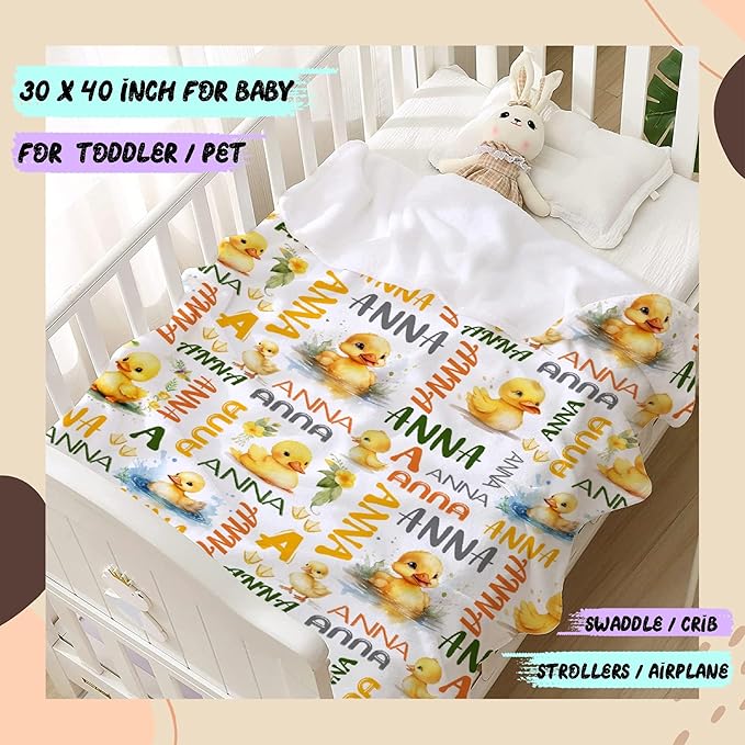 Custom Name Duck Blanket for Girls Adult duck Blanket Kids Funny Blanket Suitable for bedroom bed sofa Crib Couch Chair outdoor All Season Items That Yellow Duck Lovers Will Love 50"x40"for Kid