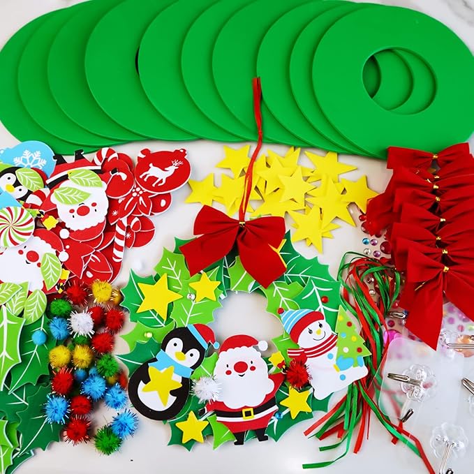 Winlyn 12 Sets Christmas Craft Kits DIY Christmas Wreath Ornaments Decorations Art Sets Snowman Santa Penguin Holly Leaf Christmas Foam Stickers Arts and Crafts for Kids Holiday Classroom Activities
