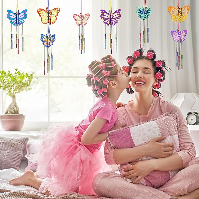 Fennoral 8 Pack 3D Butterfly Wind Chime Kit for Kids Make Your Own Butterfly Wind Chime Wooden Arts and Crafts for Kids DIY to Paint Butterfly Craft for Winter Spring Art Activity Birthday Party