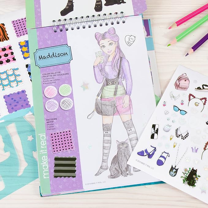 Make It Real Fashion Design Sketchbook for Girls - Pretty Kitty Cat-Themed Design Kit with Stencils, Stickers, Guide - Unleash Creativity, Develop Skills, for Kids Ages 6
