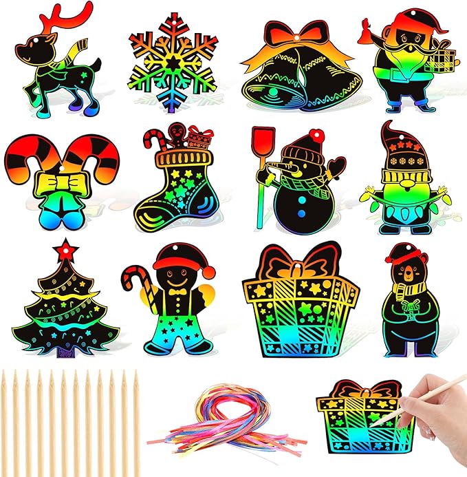 FEBSNOW Christmas Crafts for Kids, Magic Rainbow Christmas Scratch Art Paper Cards Christmas Tree Hanging Ornaments Christmas Gifts for Kids Holiday Party Favors Games (Christmas)